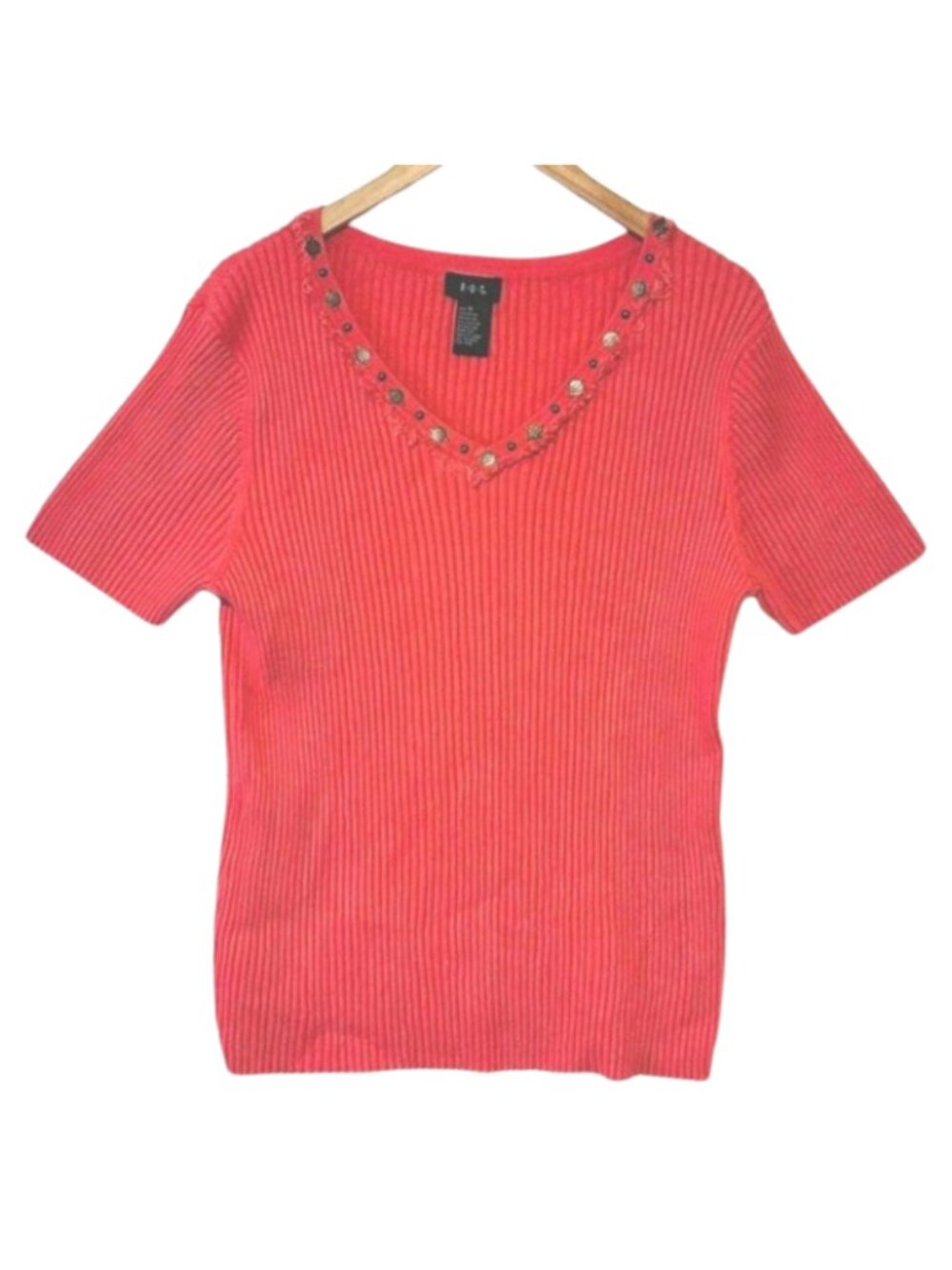 RQT Top Sz XL Studded Embellished V-Neck‎ Ribbed Knit Coral Feminine Classy